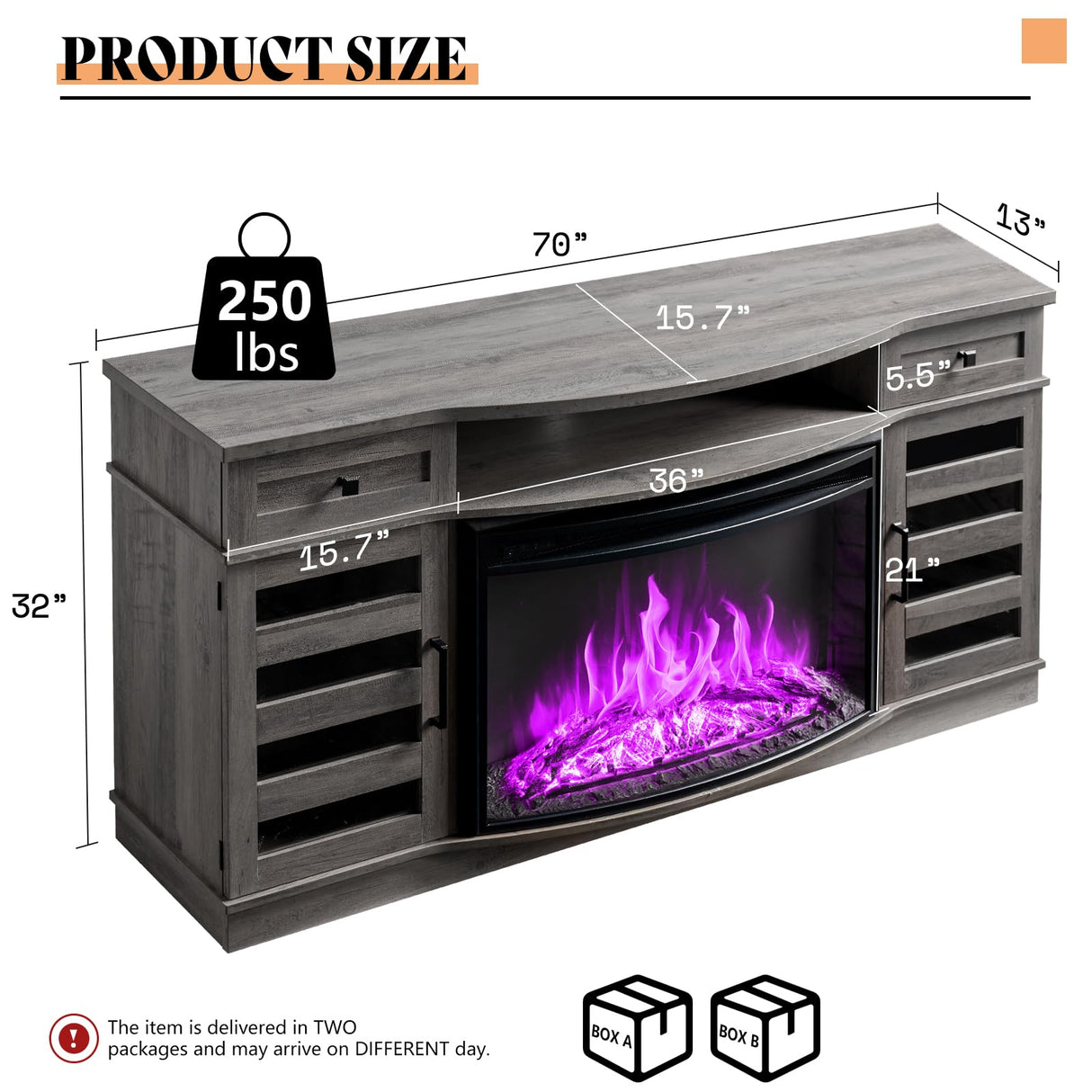 AMERLIFE 70" Curved Fireplace TV Stands with 36'' Electric Fireplace, Farmhouse LED Entertainment Center for TVs up to 80'' with Glass Door & Adjustable Shelves, Wash Gray AMERLIFE