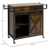HOMCOM Industrial Kitchen Cart, Rolling Kitchen Island with Adjustable Shelf, Two Drawers, Sliding Barn Door Cabinet and Towel Rack, Rustic Brown HOMCOM