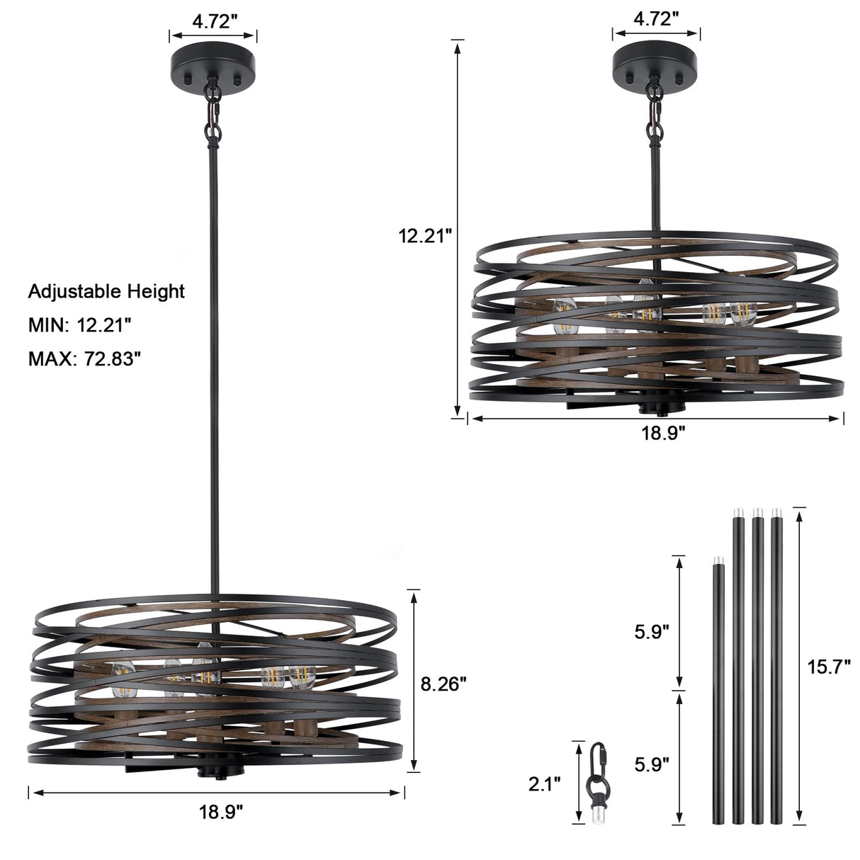 WBinDX 5-Light Drum Chandelier, 18.9'' Black Faux Wood Metal Farmhouse Dining Room Light Fixture, Rustic Industrial Retro Hanging Round Chandeliers for Kitchen Table Foyer Entryway Living Room WBinDX
