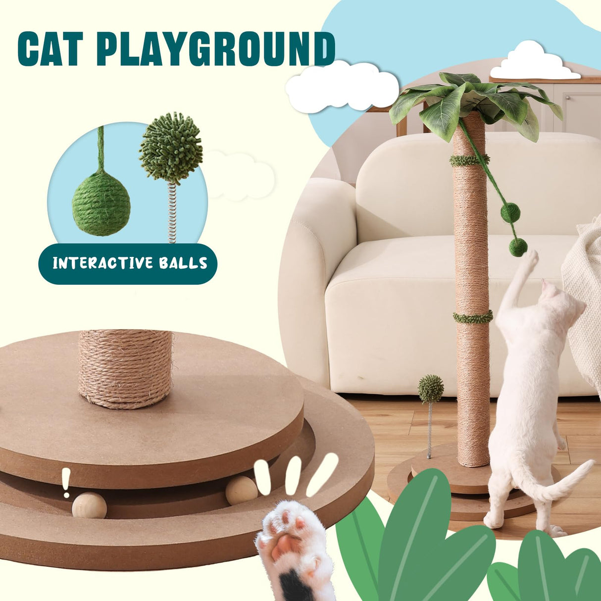 Aplatho Scratching Posts for Indoor Cats Adults - 33.2" Tall Cat Scratching Post with Sisal Rope - Cute Kitten Cat Tree Scratching Post with Interactive Ball Track Aplatho