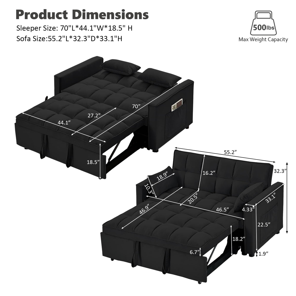 Suheww Sofa Bed, 3 in 1 Black Loveseat Sleeper Sofa for Living Room, 2 Seater Pull Out Sofa Cama Small Couch Bed Futon Lounge Sofa for Bedroom Small Spaces Living Room Suheww