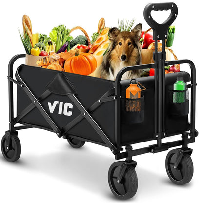 VIC Collapsible Folding Wagon, Beach Wagon Cart Heavy Duty 400LBs Foldable, Utility Grocery Wagon with Side Pocket for Camping Garden Sports, L4