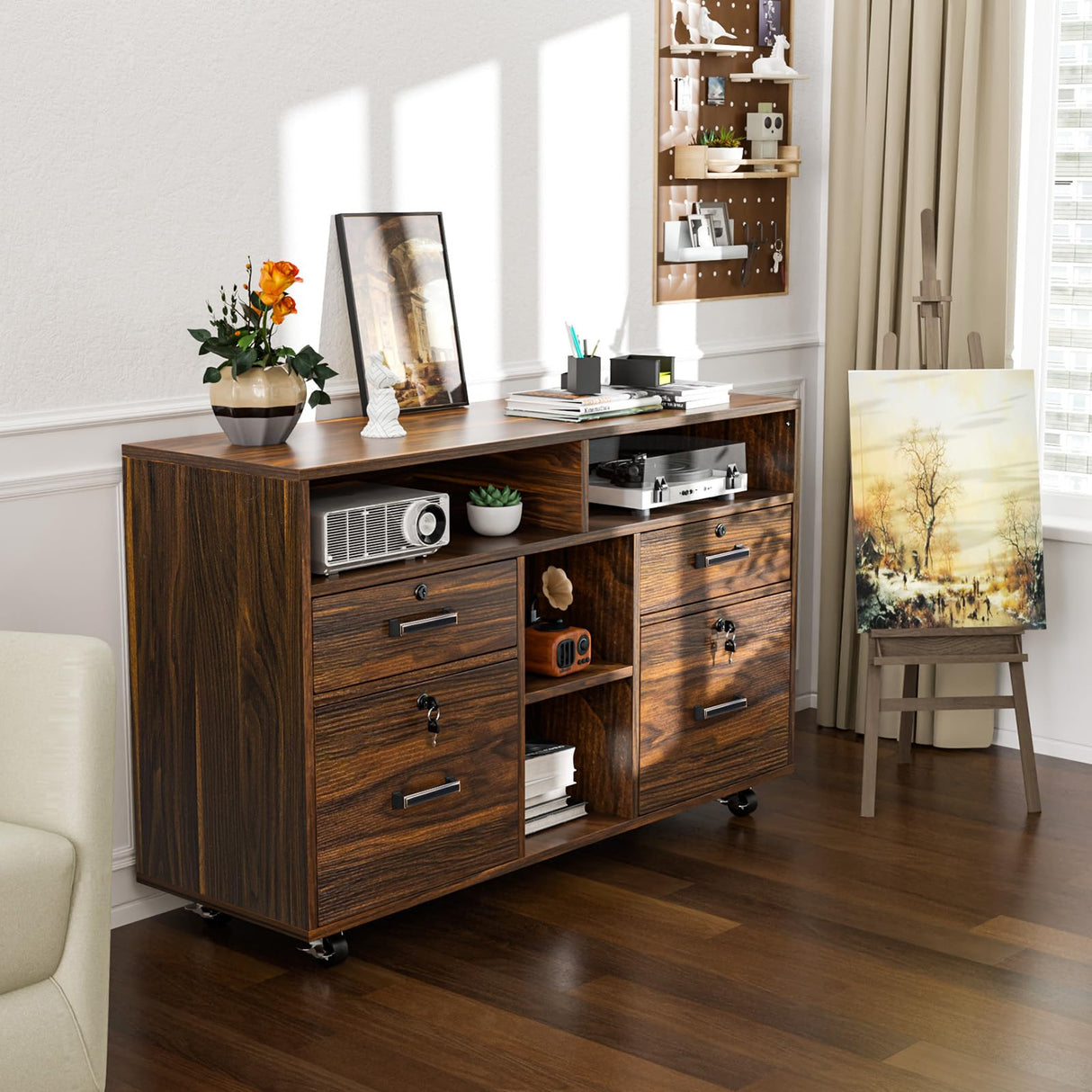 VINGLI Wide 4 Drawer File Cabinet with Lock, Wood Lateral File Cabinet with Open Shelves, Lockable Rolling File Cabinets for Home Office, Dark Brown File Cabinet Printer Stand, Letter Sized VINGLI