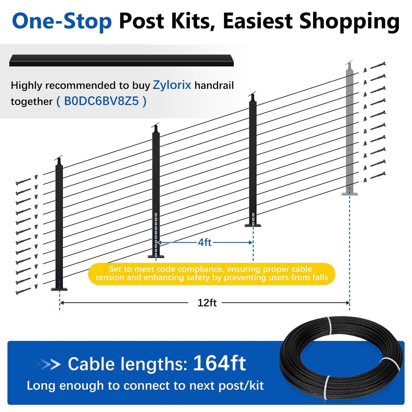 Zylorix 42" One-Stop All Black Cable Railing System Post Kit for Decks(Super Easy DIY), Include 3Pack Stair Posts for 25-35°Stairway, Complete Invisible Cable Railing Kit 1/8" with Cutter(No Handrail)