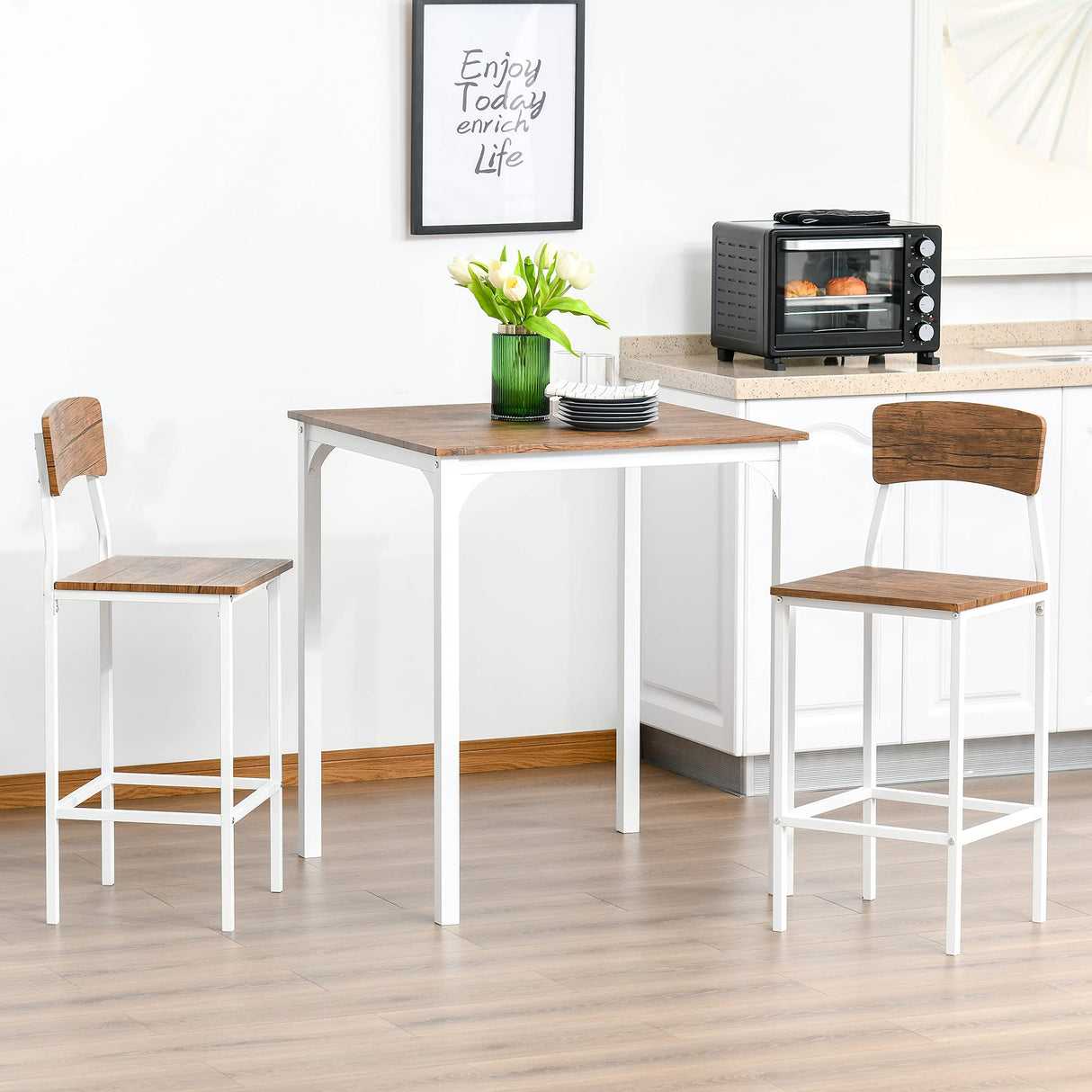 HOMCOM 3-Piece Industrial Counter Height Bar Table Set with Stools in Walnut and White HOMCOM