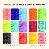 PP OPOUNT Solid/Laser/Glitter Plastic Lanyard String Kit, 15 Rolls Boondoggle String with 60 Keychain Accessories and Instructions, Gimp String for DIY Bracelets, Lanyard (886 Feet) PP OPOUNT