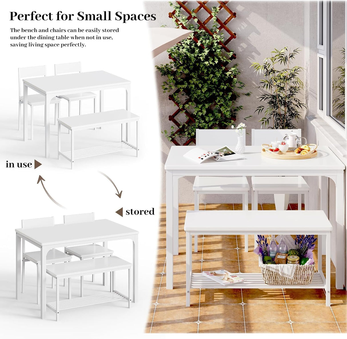 sogesfurniture Modern 4-Piece Kitchen Dining Table Set with 1 Bench and 2 Chairs, Kitchen Bench Table Set for 4, Wooden Kitchen Table and Chairs for Limited Space,White sogesfurniture