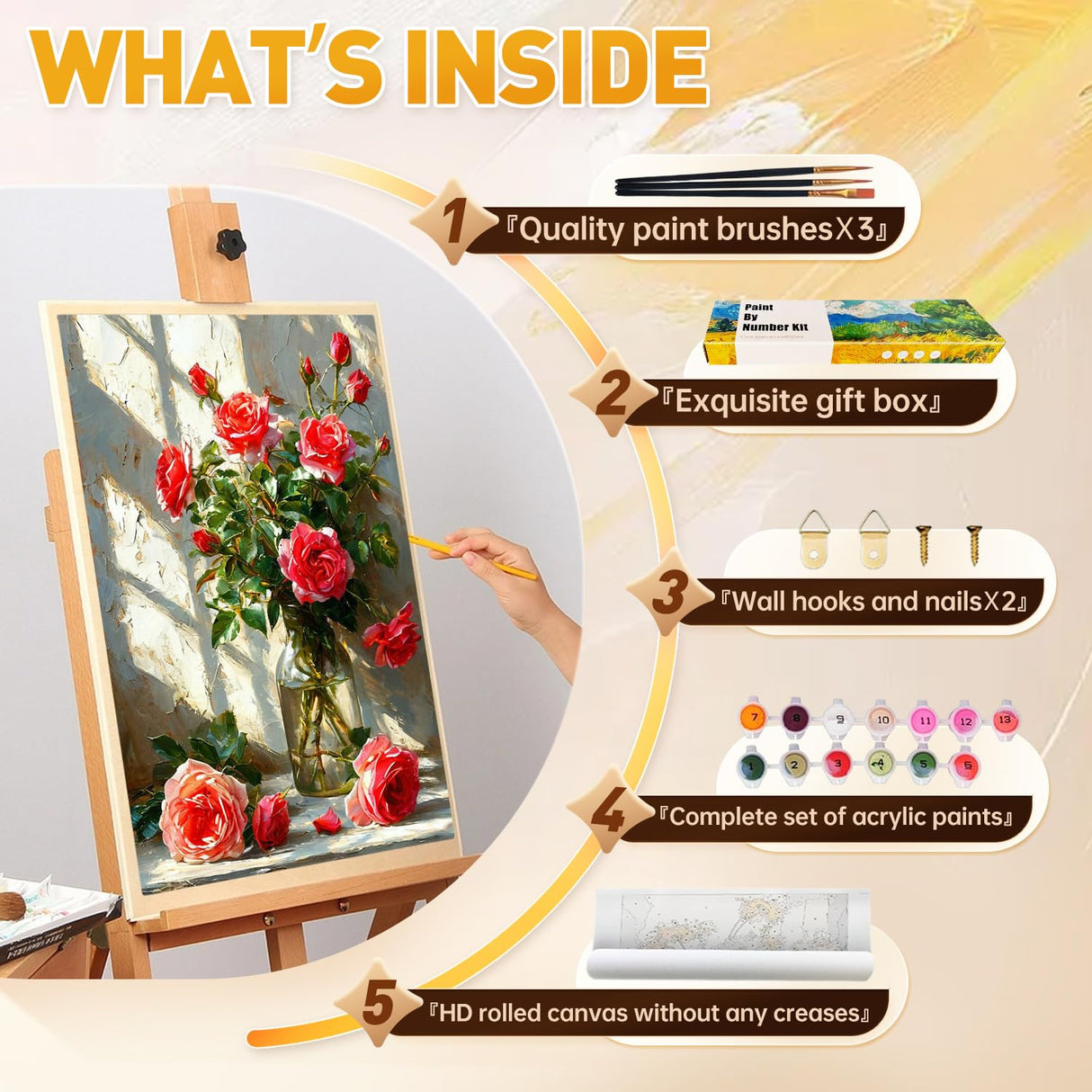 Qaisxoty Flowers Paint by Numbers Kit for Adult Beginner - Rose Paint by Numbers Kits with Rolled Canvas, Box, Brushes, Acrylic Paints - DIY Paint by Number for Home Decor & Gift (12”x16”) Qaisxoty