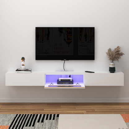 Bixiaomei Floating TV Stand with LED Lights, 71'' Wall Mounted TV Cabinet with Glass Door and 2 Drawers, Wooden Entertainment Media Console Center Large Storage Shelf Under TV (70.86IN, White)