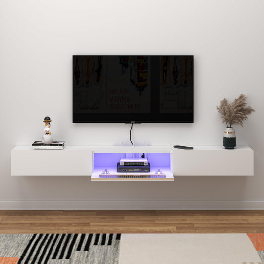 Bixiaomei Floating TV Stand with LED Lights, 71'' Wall Mounted TV Cabinet with Glass Door and 2 Drawers, Wooden Entertainment Media Console Center Large Storage Shelf Under TV (70.86IN, White)