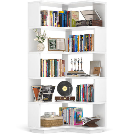 Armocity Corner Book Shelf - 6 Tier Corner Bookshelf Etagere Bookcase with Baffle, Freestanding L Shaped Display Shelf Stand for Home Office, Living Room, Bedroom, Kitchen, White Armocity