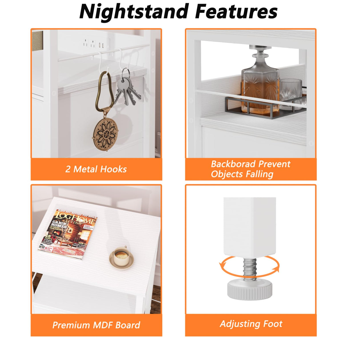 Furologee End Table with Charging Station, Nightstand with Fabric Drawers, Side Tables with USB Ports & Outlets, Night Stand with Storage Shelf & Hooks, for Living Room/Bedroom, White Furologee