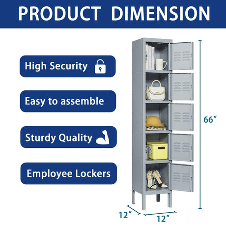 Gustonhon Gray Metal Locker 72''Storage Dressing Room Cabinet,Lockers for Employees,5-Door Five-Layer Independent Wardrobe Storage Box for Home,Garage,Bedroom,Gym,Office,School,Fire Department Gustonhon