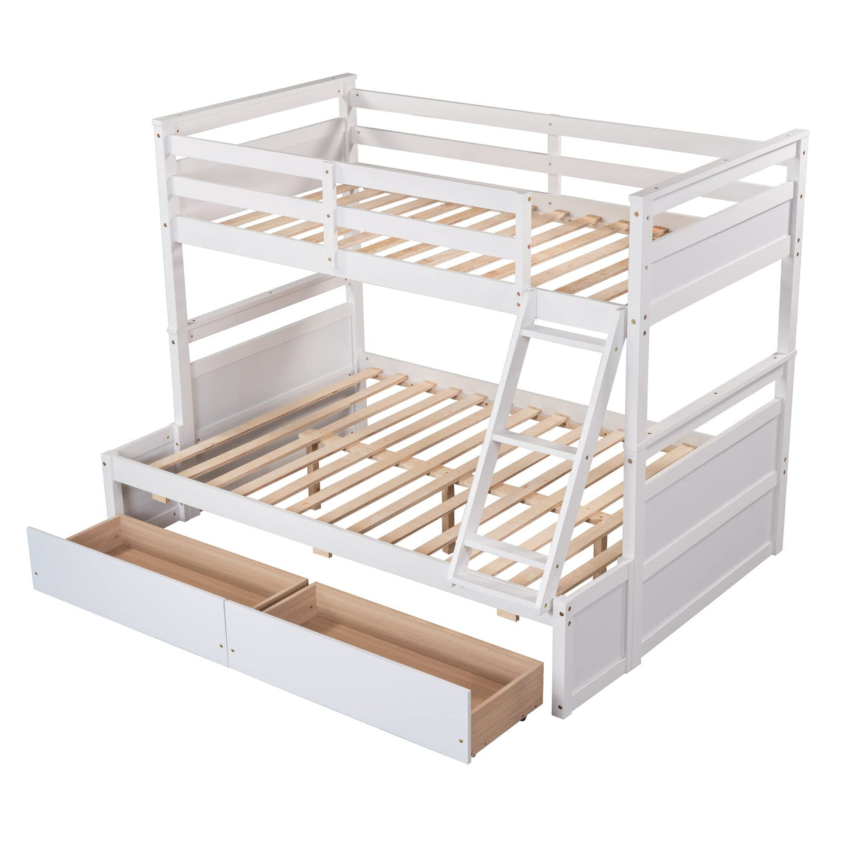 Merax Twin Over Full Bunk Bed, Wood Bunk Bed with Removable Ladders and Two Storage Drawers, Convertible into Two Individual Beds (White) Merax