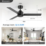 Breezary 48 inch Industrial Ceiling Fans without Lights Remote Control, 6-Speed, Reversible DC Motor, 3 Blades, Modern Indoor/Outdoor Ceiling Fan No Light for Patio Home Office, Black Breezary