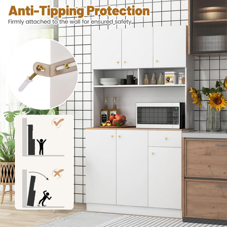 LOKO 71” Tall Kitchen Hutch Storage Cabinet, Freestanding Buffet Cupboard with Outlets & USB Ports, 3-Position Adjustable Shelves, Modern Pantry Cabinet with Microwave Stand for Dining Room, White LOKO