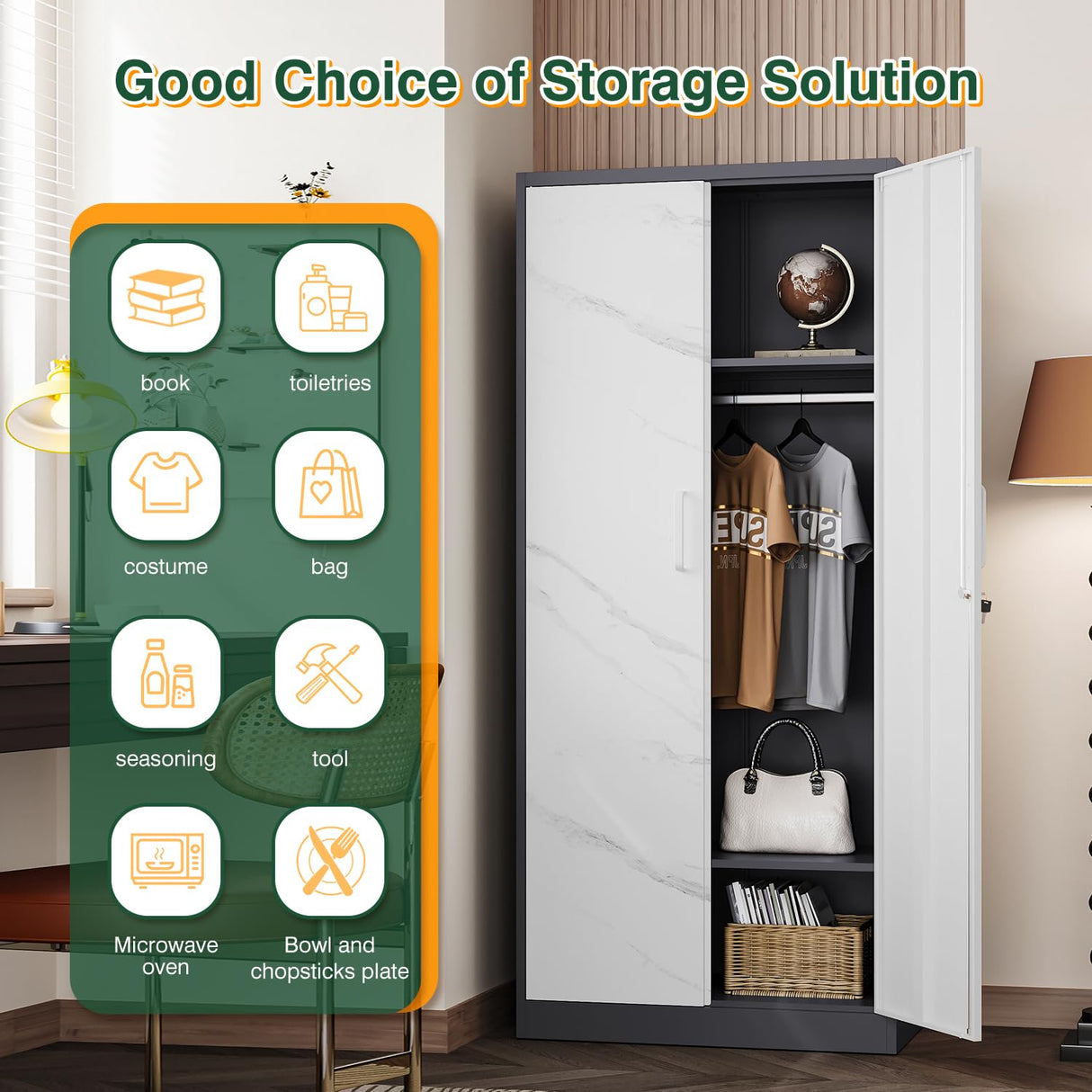 Letaya Wardrobe Closet, 72" H Clothing Storage Cabinet with Adjustable Shelves and Hanging Rod, Bedroom Armoire Clothes Organizer (White Gray) Letaya