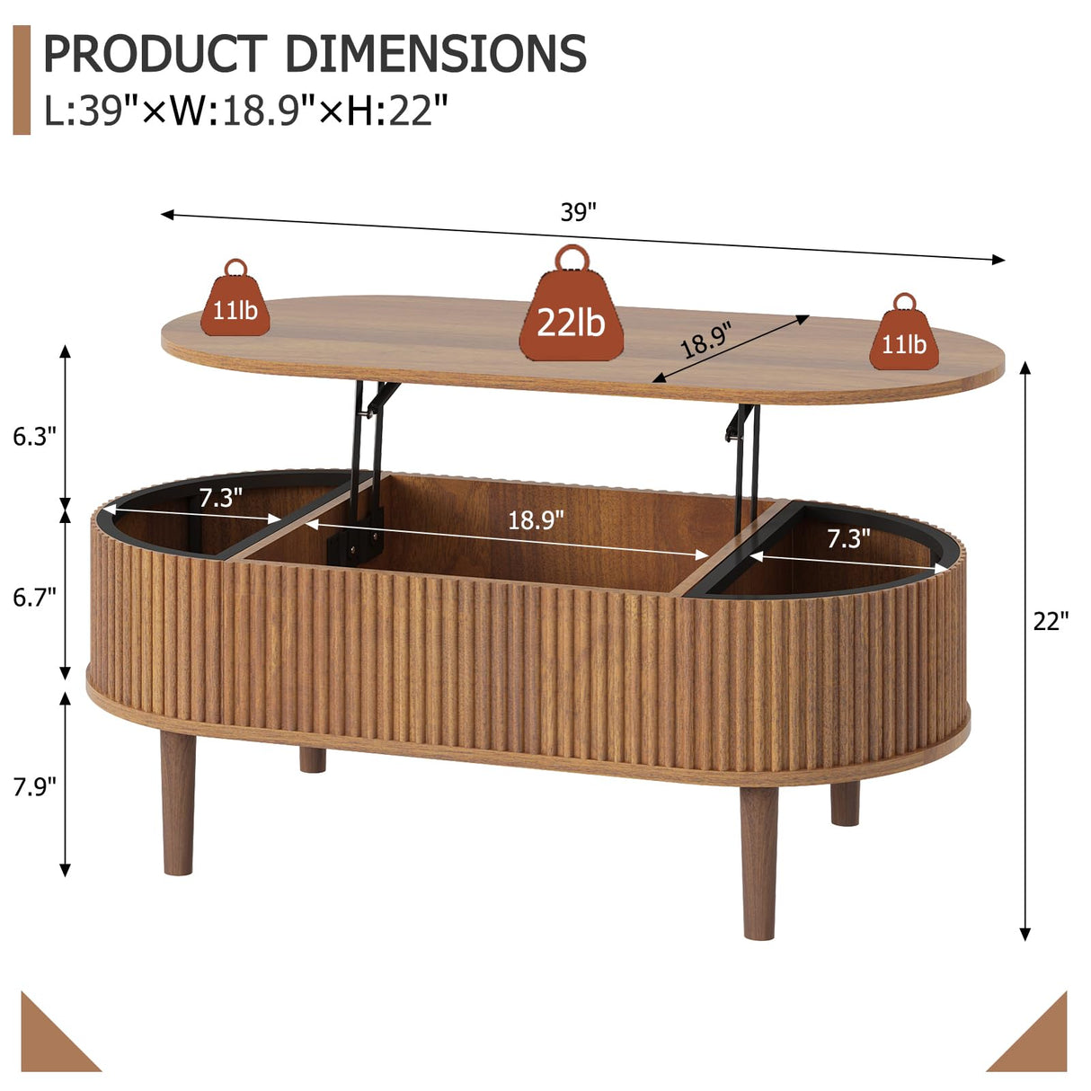 Ludatido 39 Inch Lift Top Coffee Table with 3 Storage for Living Room, Oval Coffee Table with Hidden Compartment, Fully Wooden Center Easy to Assembled for Home Living Room Office Brown Ludatido