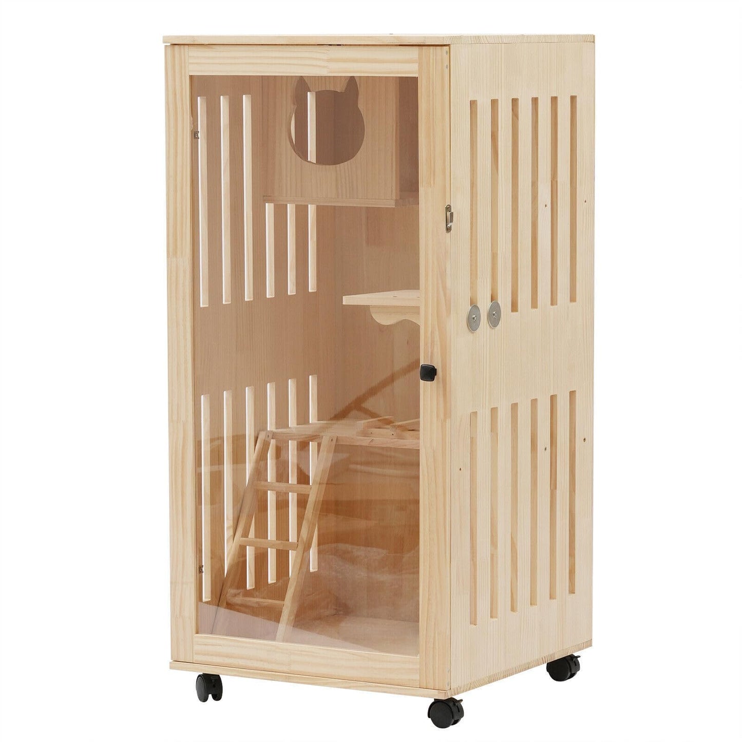 Wooden Cat House, Large Wooden Indoor Cat Enclosure Catio Cage with Ramp and Covered Cat House Kit, Enclosed Cat Condo w/Wheels for Cats Kittens - WoodArtSupply