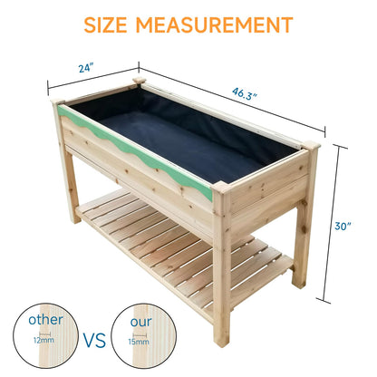 RUNSHED Wooden Raised Garden Bed with Legs 46x24x30in Outdoor Wood Elevated Planter Box for Flowers/Vegetables/Herbs with Shelf, Protective Liner, Plastic Pull-Out Tray (Natural Color)