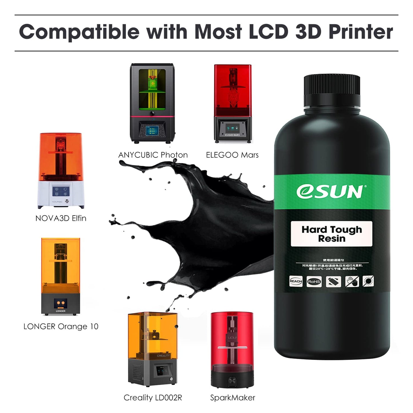 eSUN 405nm LCD 3D Printer Rapid Resin UV Curing Resin ABS-Like Rapid Resin Hard Tough Resin High Impact High Tough Photopolymer Resin for Photon UV Curing LCD 3D Printer, Plastic Bottle, 500g Black