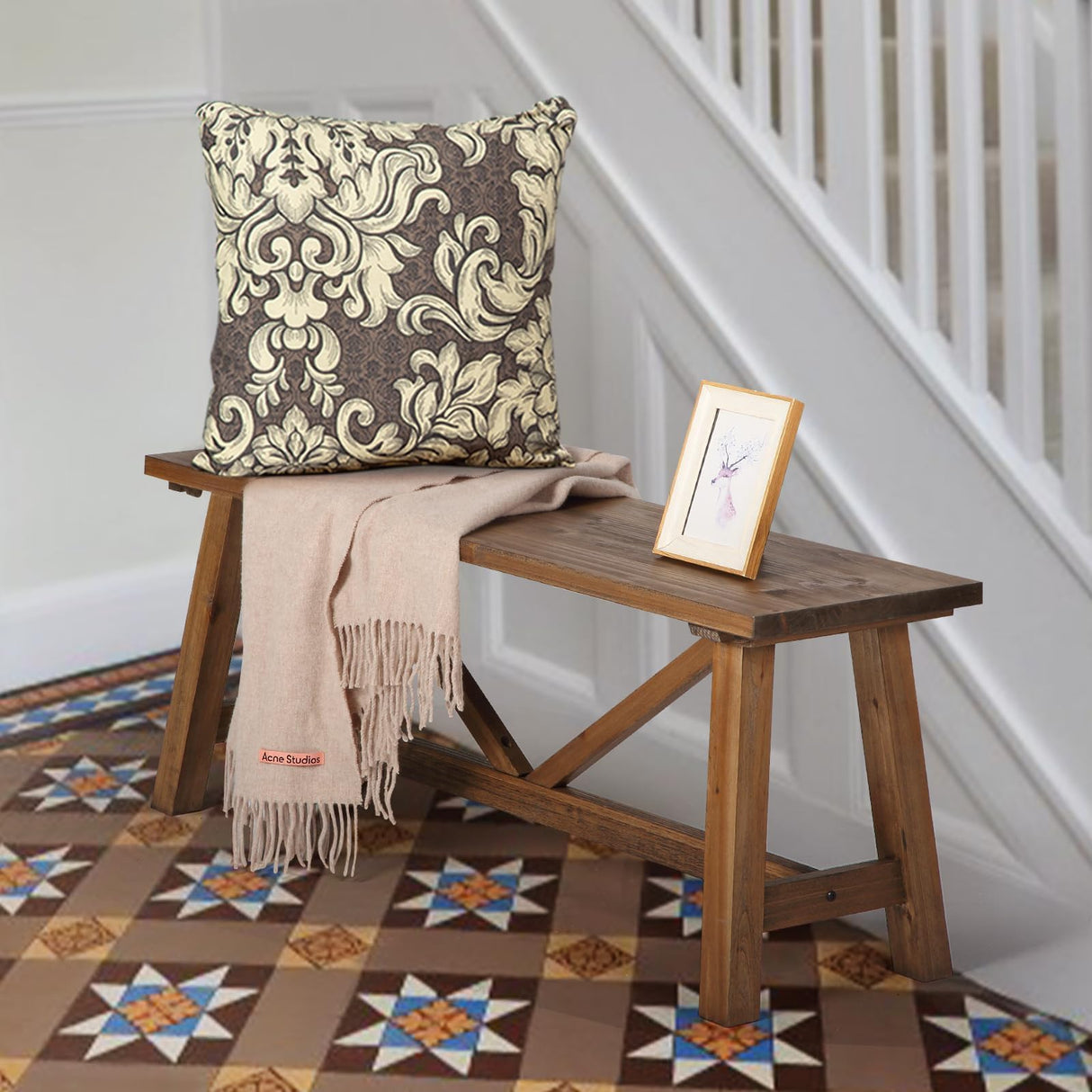 Wnutrees 43" Farmhouse Wood Bench, Narrow Bench, Long Bench Seat for Entryway, Living Room, Dining Room, Solid Wood, Natural Wnutrees