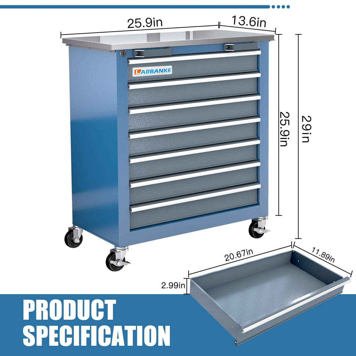 LARBANKE 7-Drawer Rolling Tool Chest with Stainless Steel Countertop,Tool Chest with Secure Locking System,Tool Cabinet with 360°Wheels and Padded Feet,for Home, Garage and Office LARBANKE