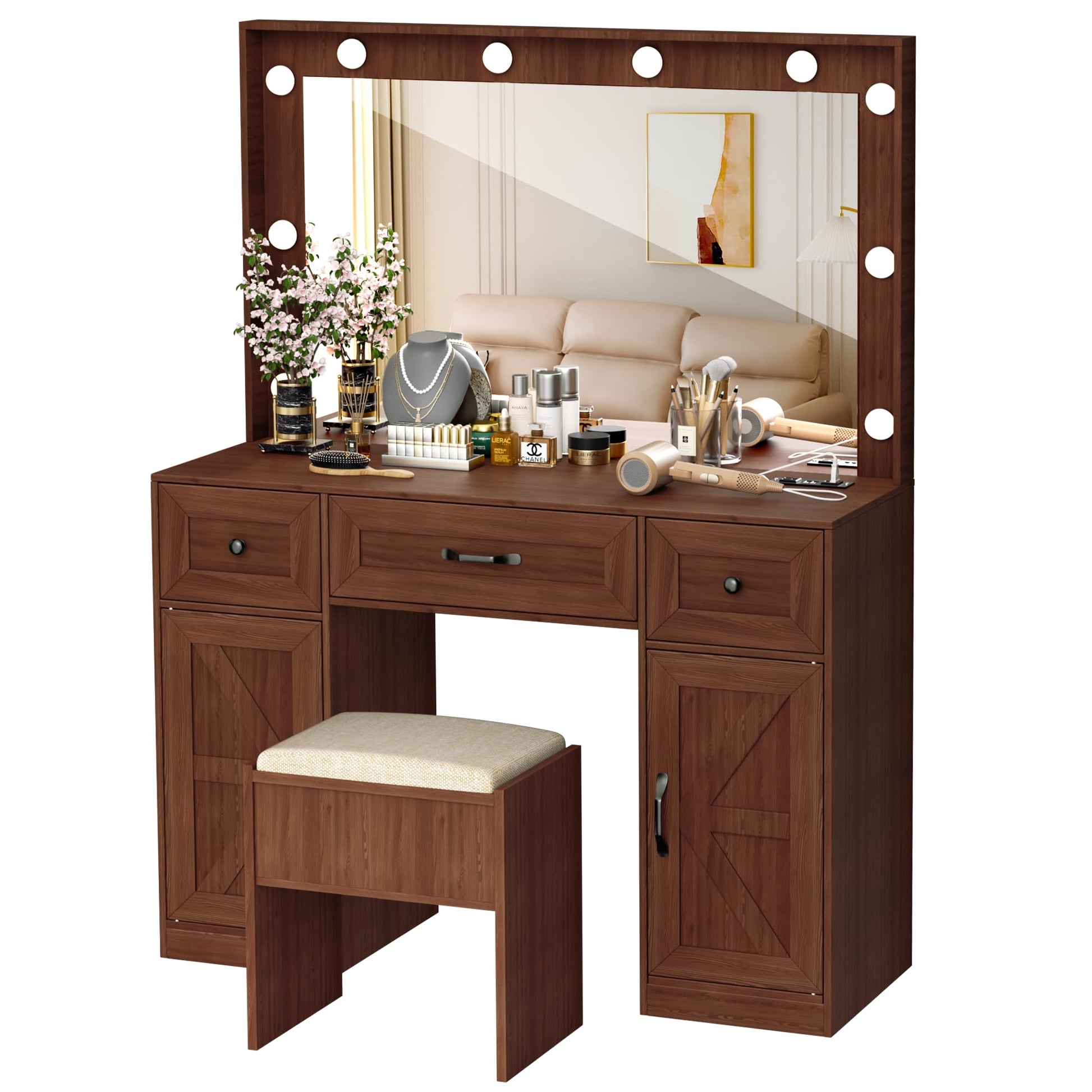 INTERGREAT 57" Makeup Vanity Desk with Large Mirror and 10 LED Lights,Farmhouse Vanity Table with Power Outlet & 5 Drawers,3 Lighting Color Adjustable,Dressing Table for Bedroom,Dressing Room - WoodArtSupply