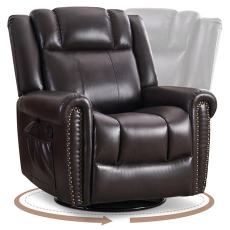 SOFTHION Swivel Rocker Recliner Chair, Leather Massage Vibration Heat Traditional Manual Recliner for Adults, Single Sofa for Living Room, Bedroom Home Theater Seating, Glider, Brown SOFTHION