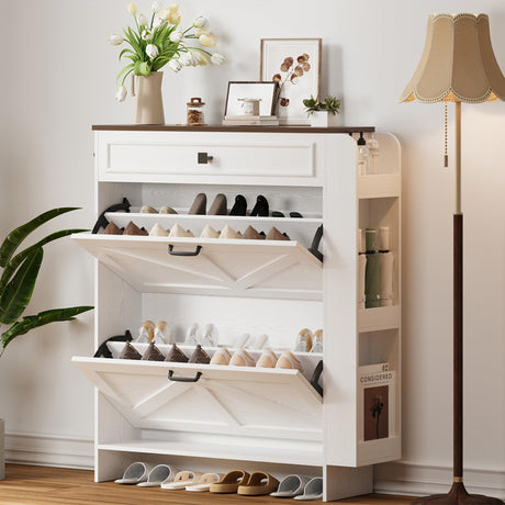 IRONCK Shoe Storage Cabinet with 2 Flip Drawers & Barn Door Design, Freestanding Shoe Cabinet Organizer with Drawer and Shelves for Entryway, Farmhouse Shoe Rack Cabinet, White/Walnut IRONCK