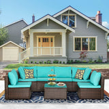 PayLessHere Patio Furniture Set 7 Pieces Outdoor Furniture Wicker Conversation Set Sectional Sofa and Coffee Table Wicker Patio Conversation Sets for Backyard Porch Balcony Poolside,Blue Cushion PayLessHere