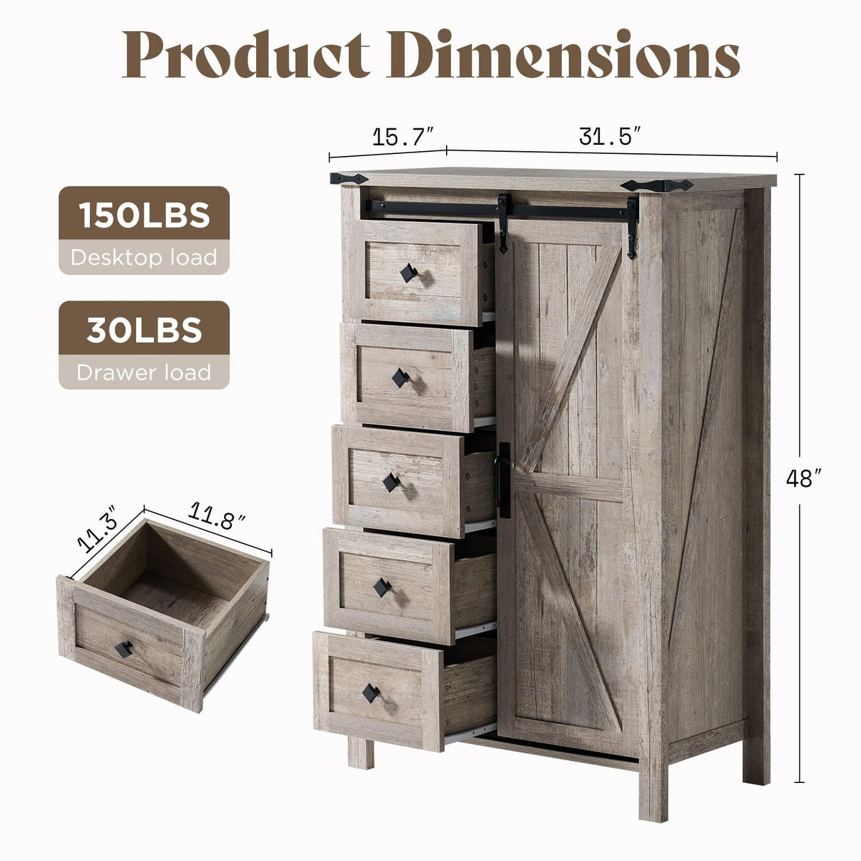 AMERLIFE 31.5'' Farmhouse Dresser with Sliding Barn Doors, 48" Rustic 5 Drawer Tall Dresser, Storage Organizer for Bedroom, Entryway, Light Rustic Oak AMERLIFE