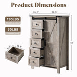 AMERLIFE 31.5'' Farmhouse Dresser with Sliding Barn Doors, 48" Rustic 5 Drawer Tall Dresser, Storage Organizer for Bedroom, Entryway, Light Rustic Oak AMERLIFE