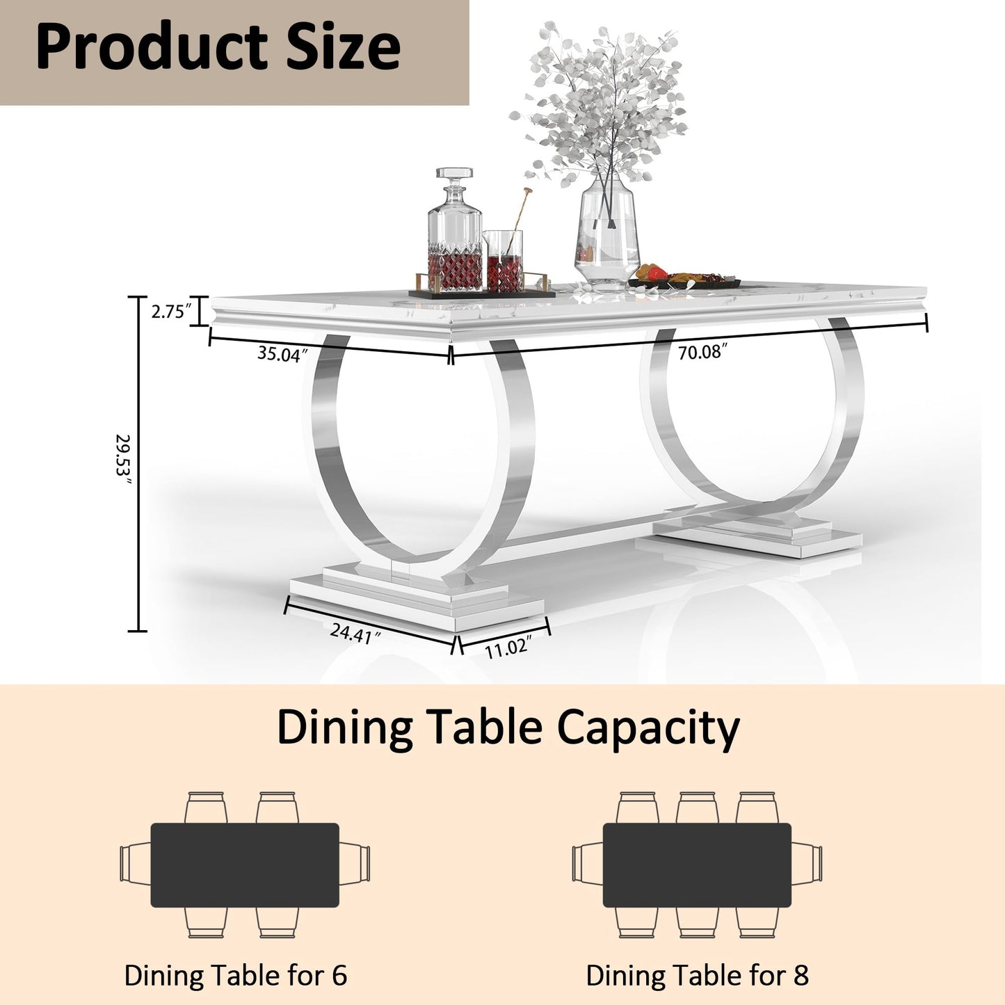 70'' Marble Dining Table for 8 People, Rectangle Faux Marble Dining Table with Silver Mirrored Finish Stainless Steel Base, Modern Marble Kitchen Table for Living Room Home Office - WoodArtSupply