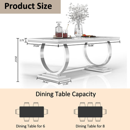 70'' Marble Dining Table for 8 People, Rectangle Faux Marble Dining Table with Silver Mirrored Finish Stainless Steel Base, Modern Marble Kitchen Table for Living Room Home Office - WoodArtSupply