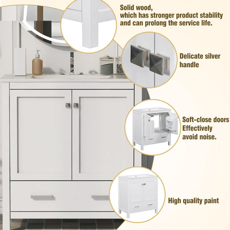 30" Bathroom Vanity with Sink 30 Inch Bathroom Vanity with Top, 2 Doors and a Drawer, Soft Closing, Modern Bathroom Vanity with Sink 30" for Bathroom No Mirror (White) Mirightone
