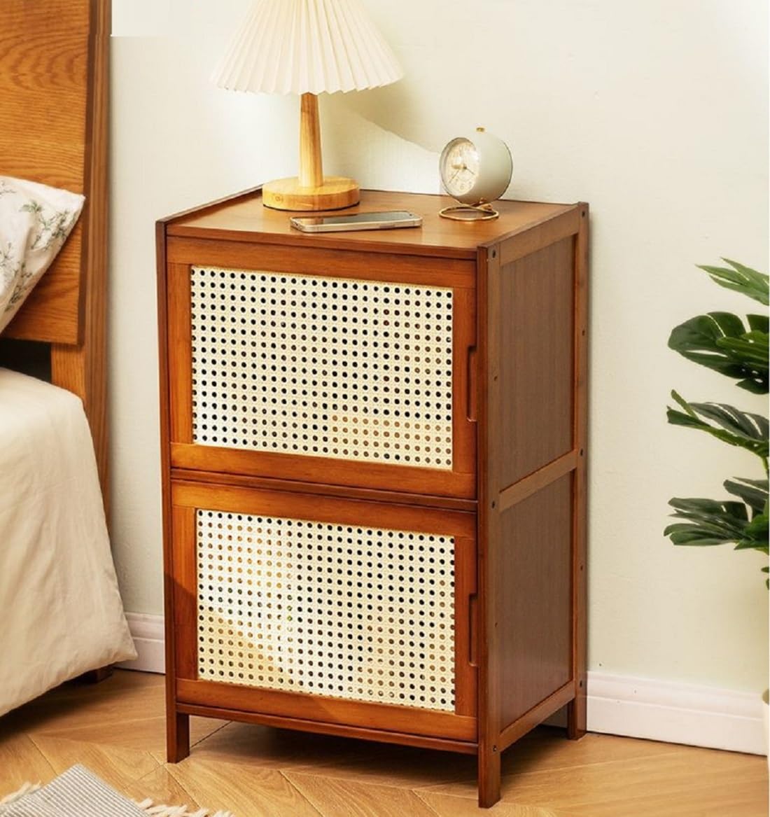 TrueyEssence 2-Tier Bamboo Nightstand with Rattan Decor Doors, Modern Bedside Table End Table Multipurpose Storage Cabinet for Bedroom Living Room Dark Brown TrueyEssence