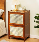 TrueyEssence 2-Tier Bamboo Nightstand with Rattan Decor Doors, Modern Bedside Table End Table Multipurpose Storage Cabinet for Bedroom Living Room Dark Brown TrueyEssence