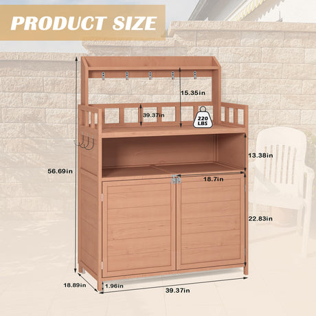 Outdoor Potting Bench with Large Storage Cabinet & Top Shelf, Gardening Work Table for Patio, Lawn, & Garden, Horticulture Station for Planting & Organizing Tools, Durable Workstation for Outdoor Tomkate