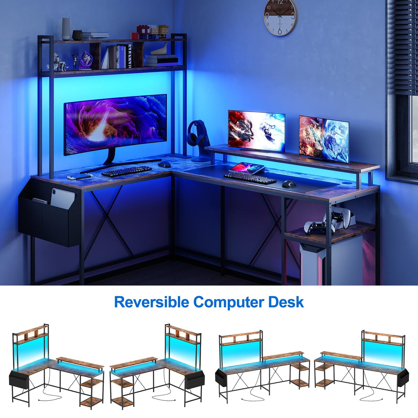 Jojoka L Shaped Computer Gaming Desk with LED Lights & Power Outlets, 67" Reversible Large L-Shaped Desk with Monitor Stand & Storage Shelves (Rustic Brown)