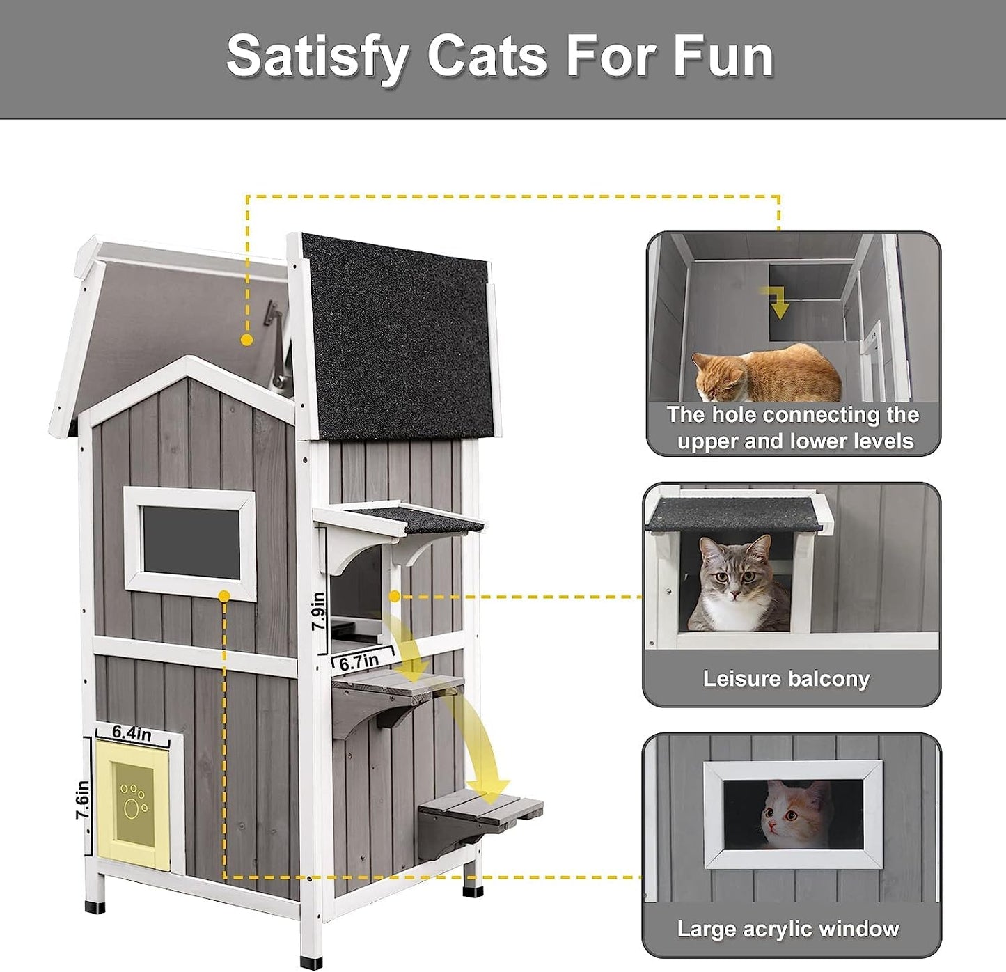 PetsCosset Outdoor Cat Shelter Weatherproof, Two Story Wooden Outside Feral Cat House with Openable Roof, Escape Door