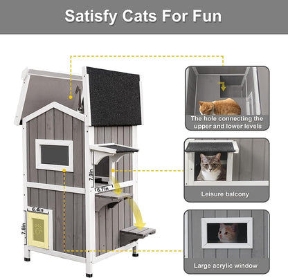 PetsCosset Outdoor Cat Shelter Weatherproof, Two Story Wooden Outside Feral Cat House with Openable Roof, Escape Door