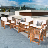 Tangkula Outdoor 8 Pcs Acacia Wood Sofa Set w/Water Resistant Cushions, Padded Patio Seating Chat Set w/Coffee Table for Garden, Backyard, Poolside (2, White) Tangkula