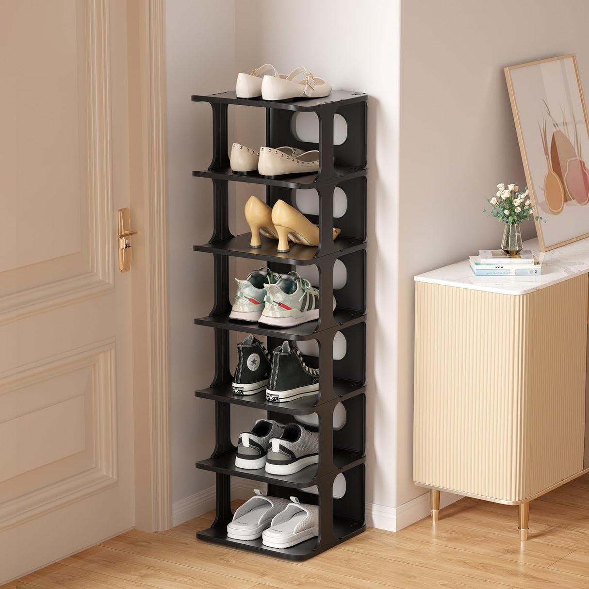 HAIXIN Vertical Narrow Tall Shoe Rack for Front Door Entrance, 7-Tier Sturdy Stackable Shoe Rack Organizer for Closet Entryway, Corner Shoe Storage Shelf Shoe Cubby HAIXIN