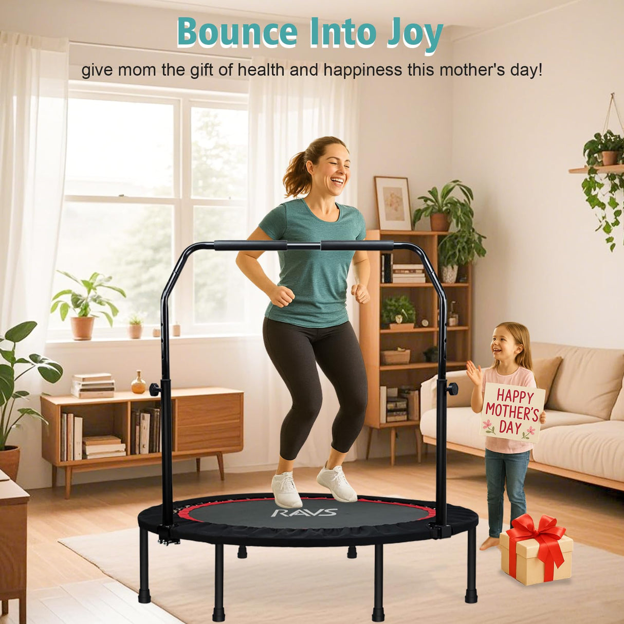 RAVS Mini Trampoline for Kids Adults 40"/48" Foldable Fitness Rebounder Kids Trampoline with 5 Levels Height Adjustable Handle Resistance Bands Indoor Workout RAVS