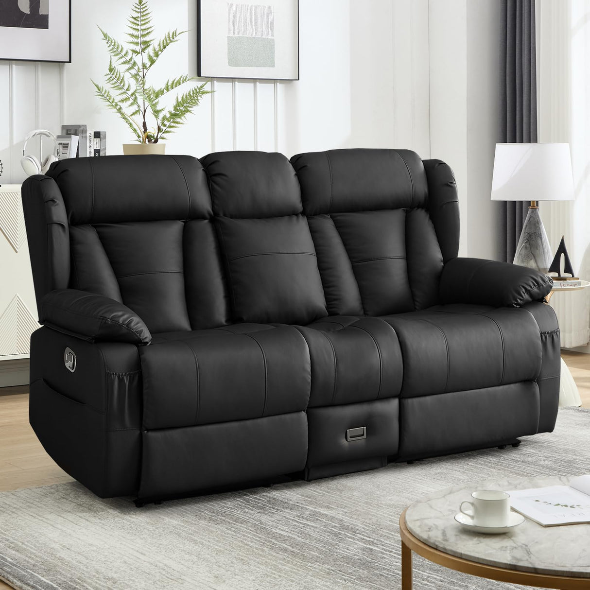 WISHDEER Loveseat Recliner Sofa, RV Recliner Couch, Manual Reclining Loveseat with Console for Living Room, Home Theater Seating with AC/USB C/USB and Drawer (Black, Loveseat with Console) WISHDEER