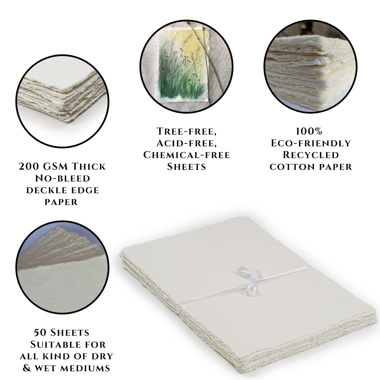 LEATHER VILLAGE Watercolor Paper - 6 X 4 inches, 50 Sheets - Mixed Media Watercolor Paper - 150 GSM Thick Deckle Edge Virgin Cotton Handmade Paper - Off White LEATHER VILLAGE