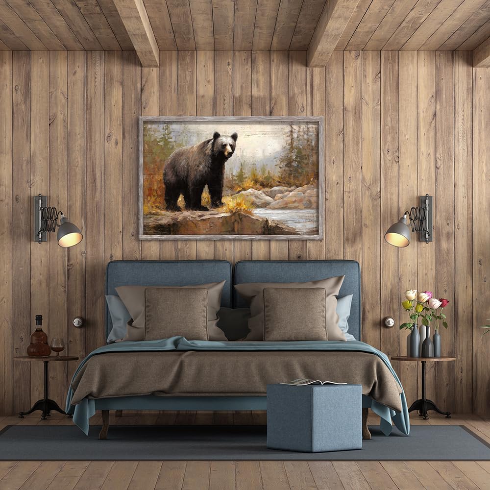 Framed Bear Picture Wall Art: Large Wild Animal Prints Woodland Wildlife Artwork Rustic Farmhouse Wood Painting for Living Room Bedroom old barn