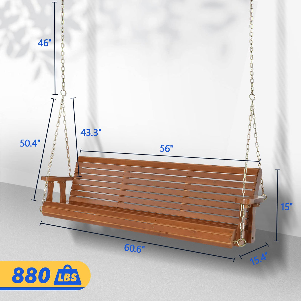 VINGLI Upgraded Patio Wooden Porch Swing for Courtyard & Garden, Heavy Duty 880 LBS Swing Chair Bench with Hanging Chains for Outdoors (Brown, 5 FT) VINGLI