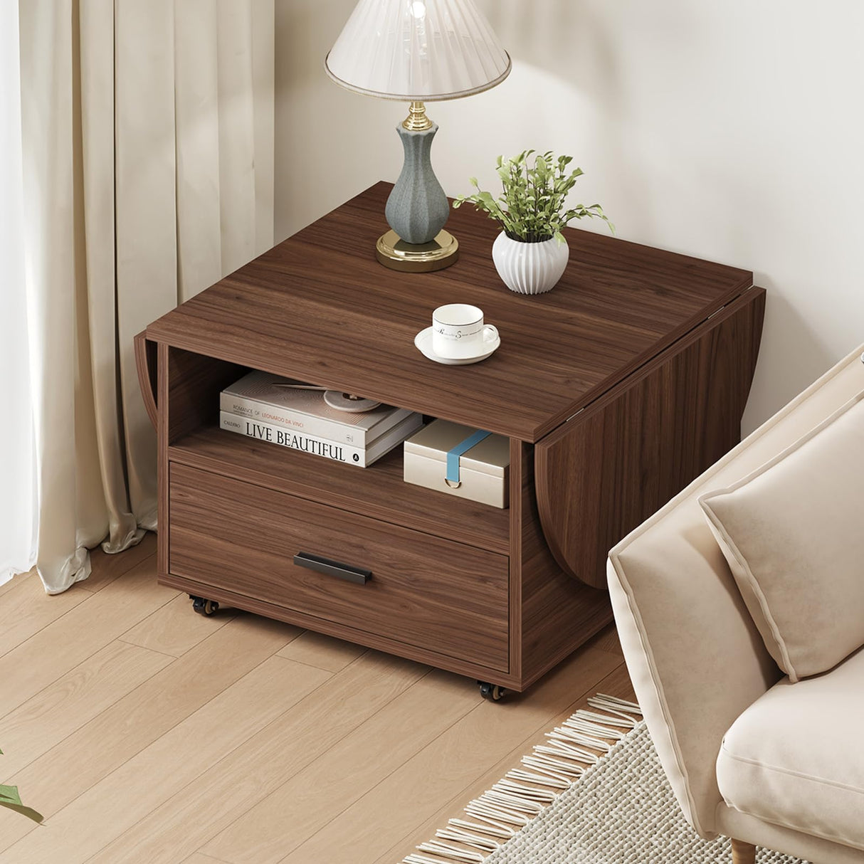 IBF Foldable Coffee Table with Drawer, Wood Living Room Table with Storage, Multifunctional Oval Center Table with Wheels, Extendable Rolling Tea Table for Living Room Home Office, Walnut, 47 Inch IBF